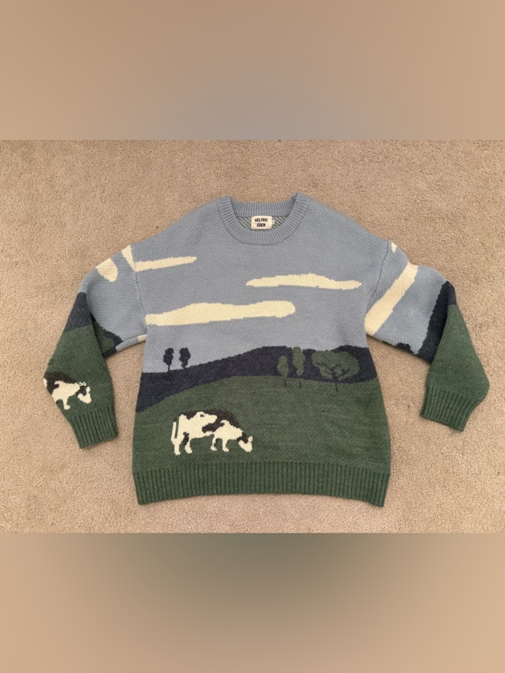EUC Aelfric Eden Multicolor Cow Pasture Graphic Knit Pullover Sweater Size Large - Picture 4 of 6